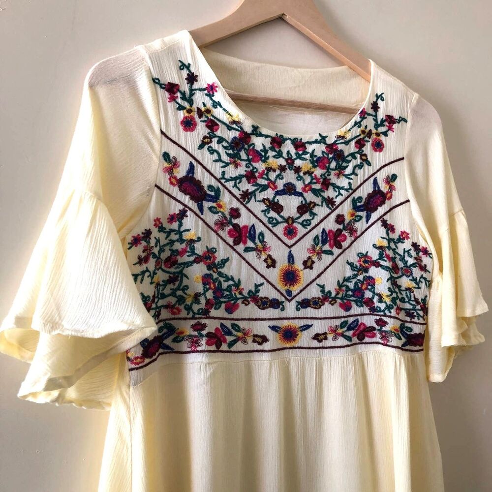 Floral Embroidered Tunic Mini Dress Yellow Size S NEW